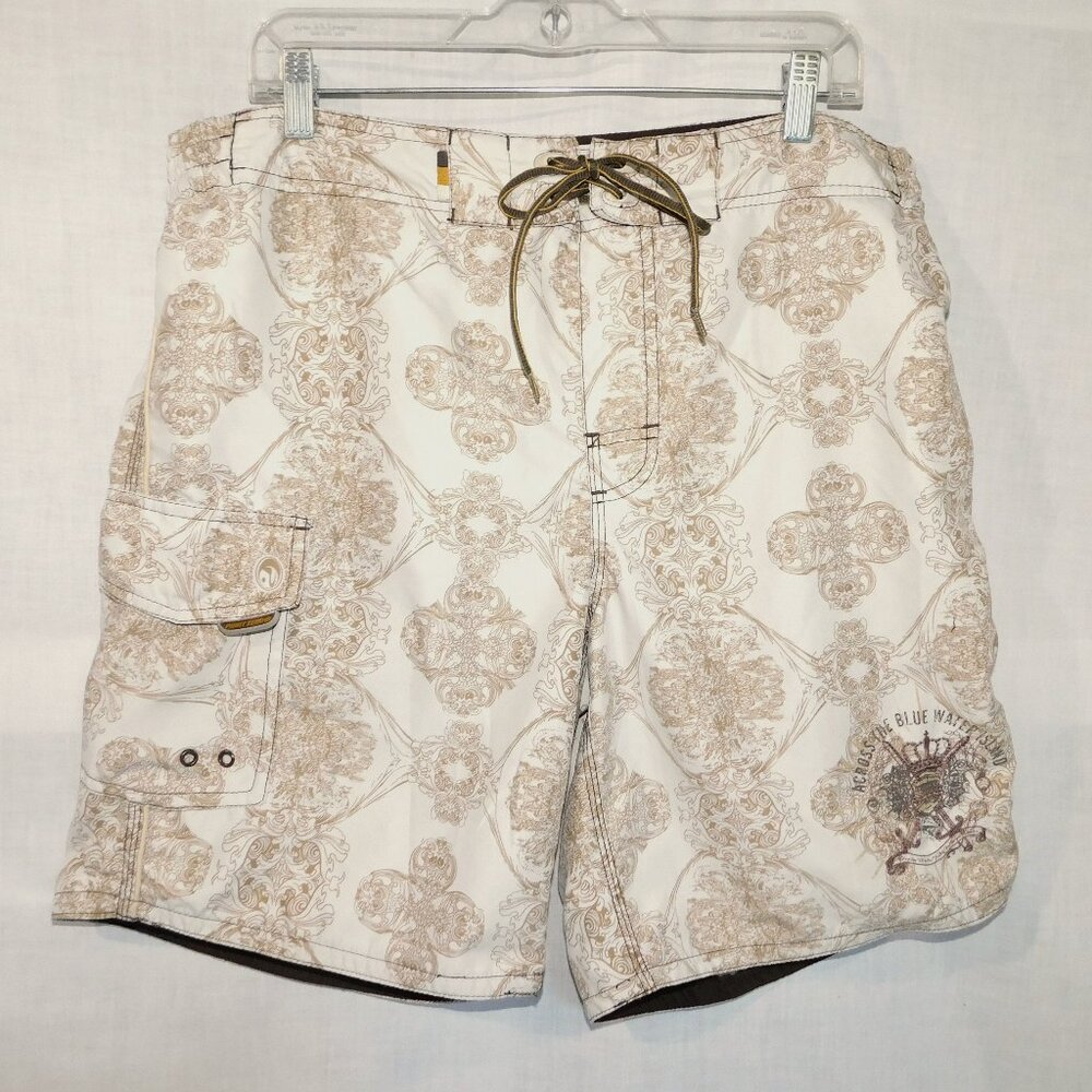 Point Zero Mens L Cream Brown Patterned Lined Paradise Island Board Swim Shorts